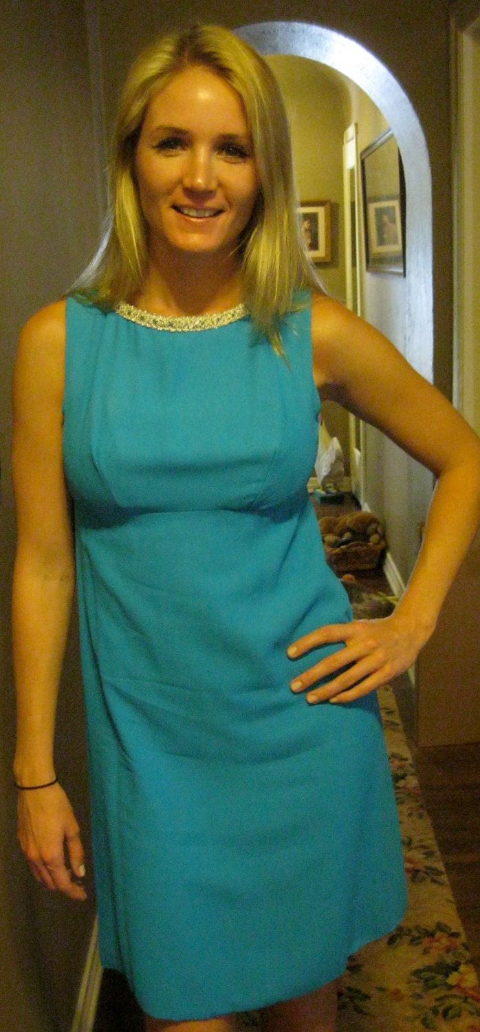 Turquoise Silver Rhinestone  Dress / 60s Cocktail Dress / Keyhole Back With Bow / Dressy Dress