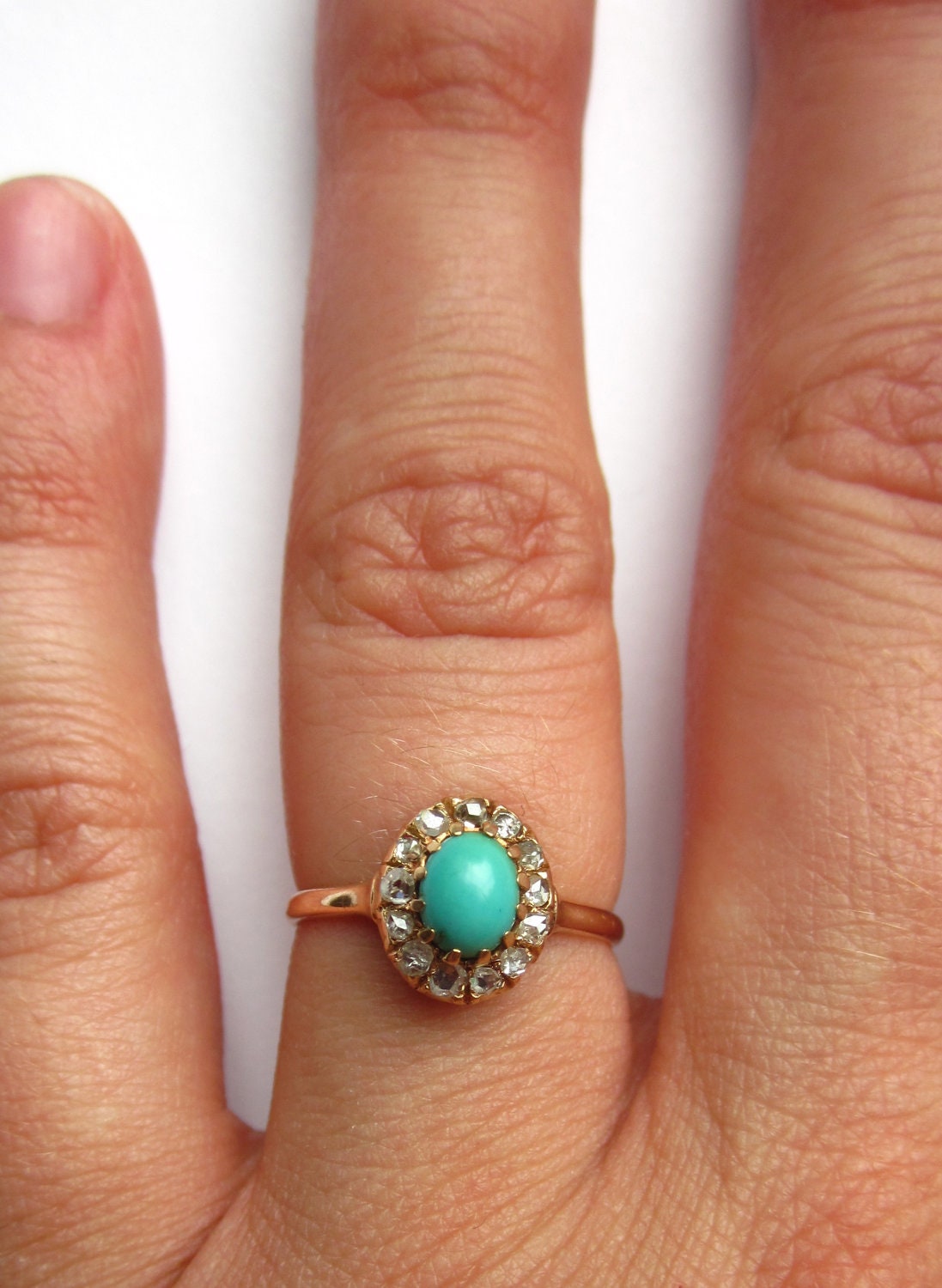 Antique Victorian Turquoise and Diamond Engagement 14K Ring