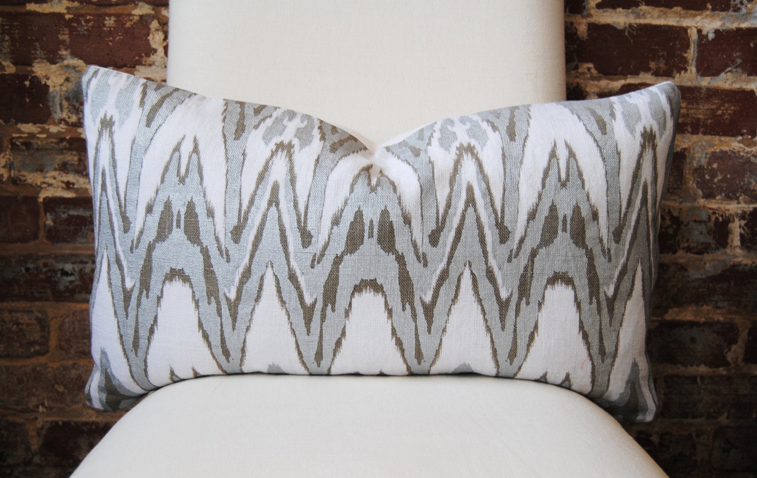 Ikat - Silver and Bronze Hand Print on Natural Linen - Pillow Cover - Lumbar - 14in x 24in