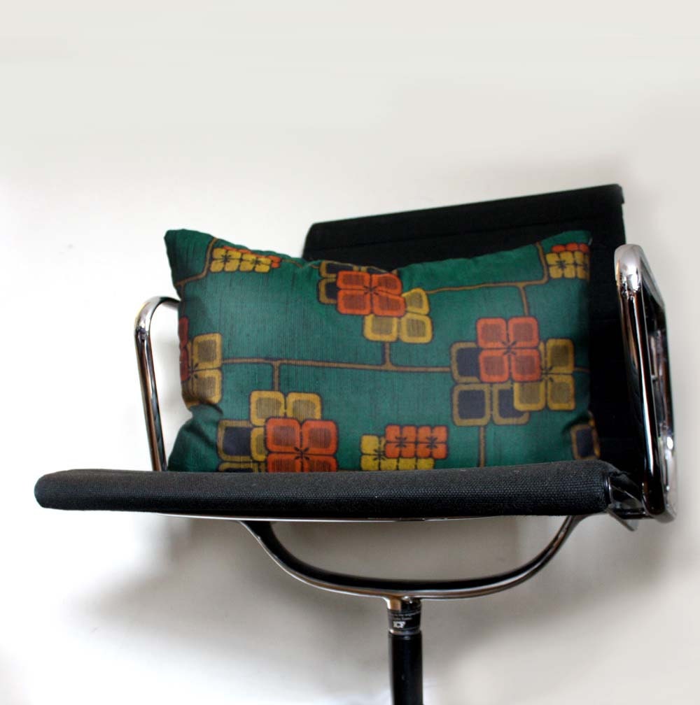 Orange on Green Recycled Decorative Throw Pillow Cushion Cover. Rare Vintage Recycled Desginer Kimono Silk and Natural Linen.