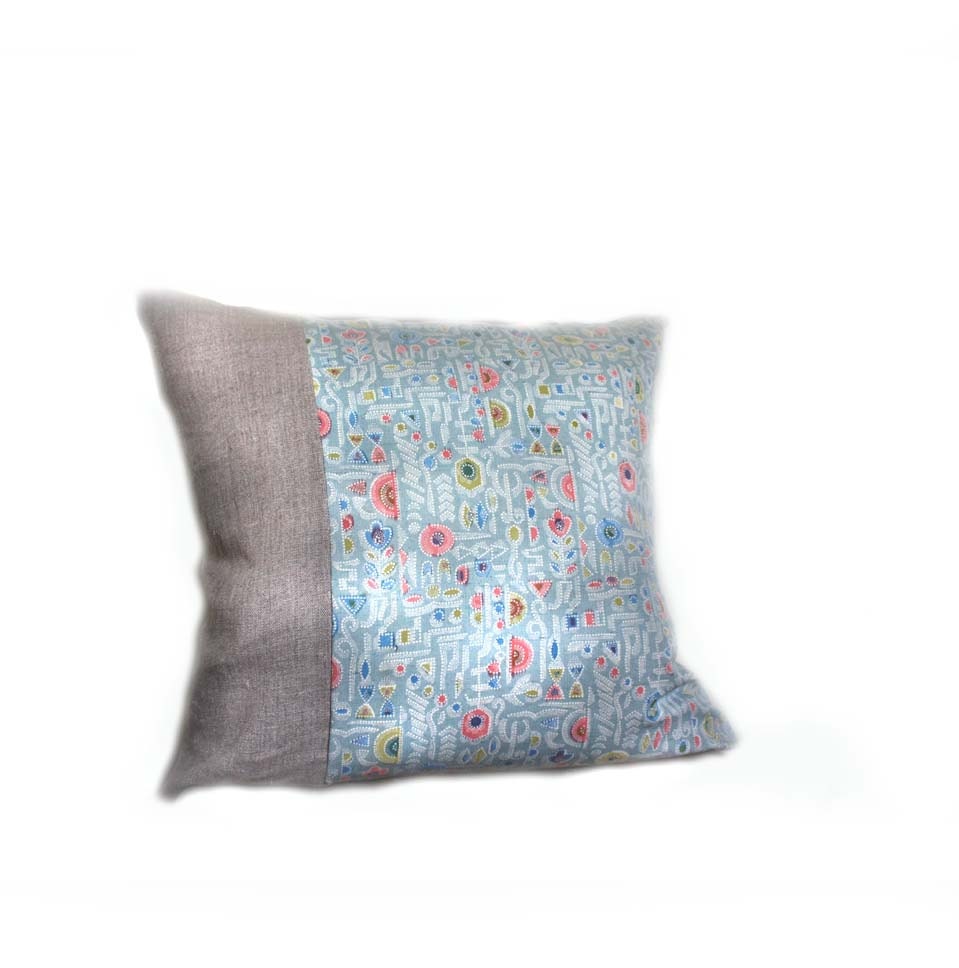 Undyed Natural Linen and Vintage Silk Pillow Cushion Cover. 18'' (45cm). Light Blue geometric pattern