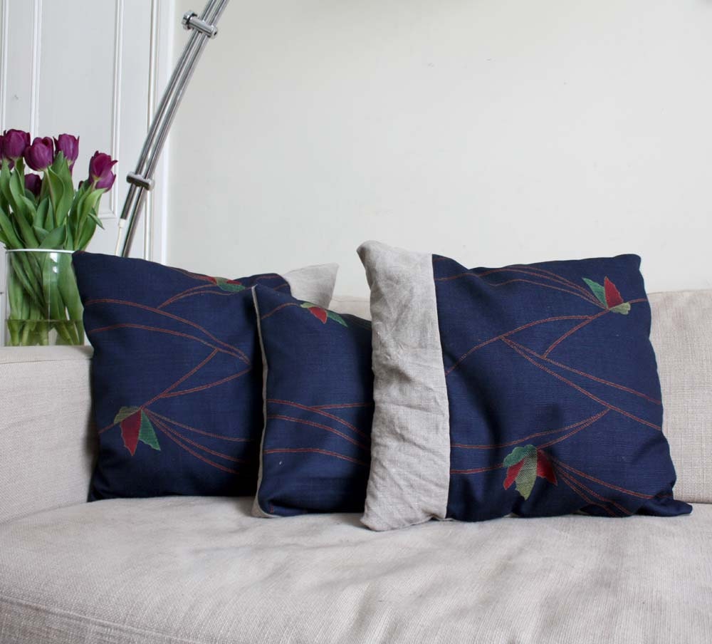 Butterflies Vintage Blue Wool and Natural Linen throw Pillow Cushoin Cover. Eco living. ANY SIZE. Washable..