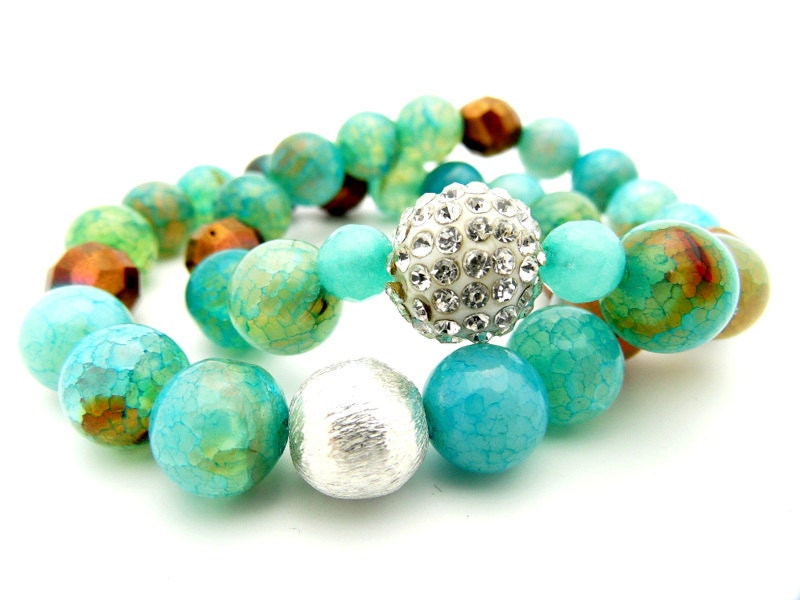 Swarovski Crystal Bead Bracelet with Chocolate Bronze Czech Glass and Blue Beads