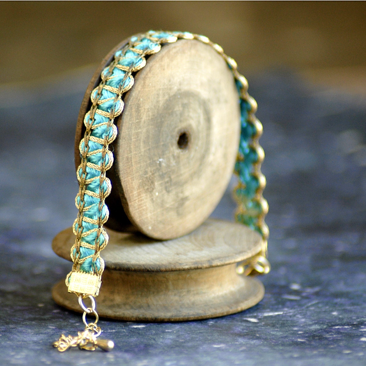 Genuine Antique Gold Passementerie Trim Ribbon Bracelet with light blue silk accent
