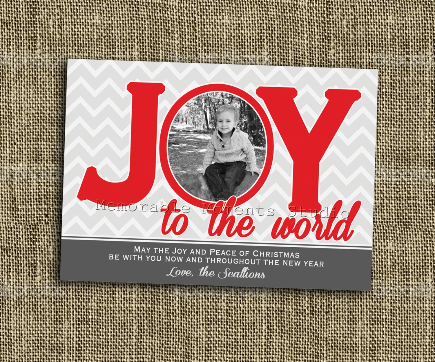 PRINTABLE CHRISTMAS CARD Modern Chevron Grey and Red Joy to the World Photo Card - Happy Holiday - Memorable Moments Studio