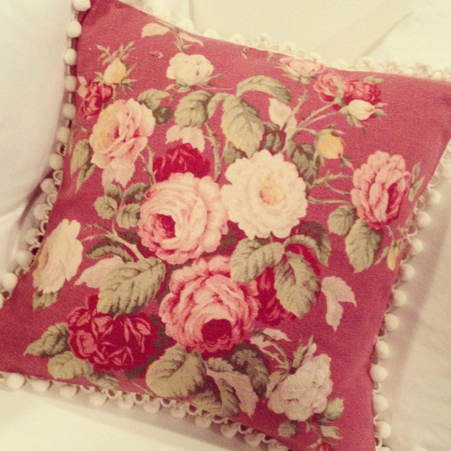 Romantic 1930s Floral Pink Cabbage Roses Vintage Rose Barkcloth Fabric Decorative Throw Pillow