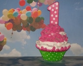 First Birthday Fake Cupcake Photo Prop, Lime Green Polka Dots with Hot Pink and White, Number One Candle on Top Perfect for Pictures