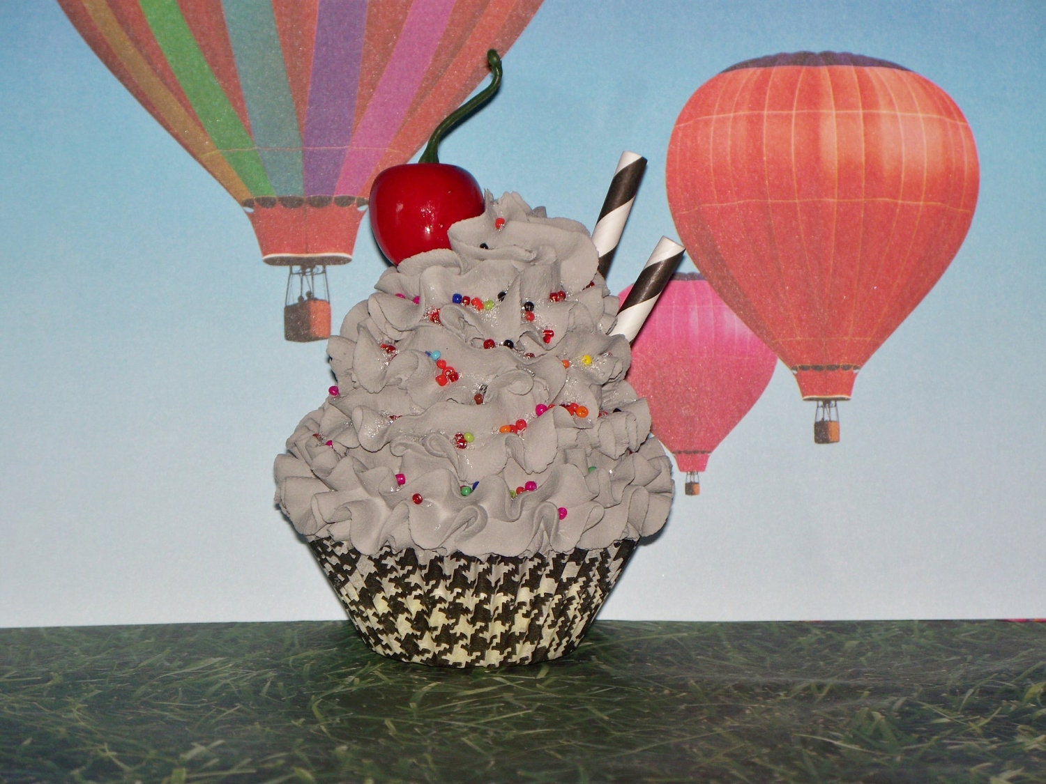 Houndstooth Fake Cupcake with Gray Frosting, Rainbow Sprinkles, Striped Straws, Cherry on Top, cute Photo Props, Home Decor, Gifts