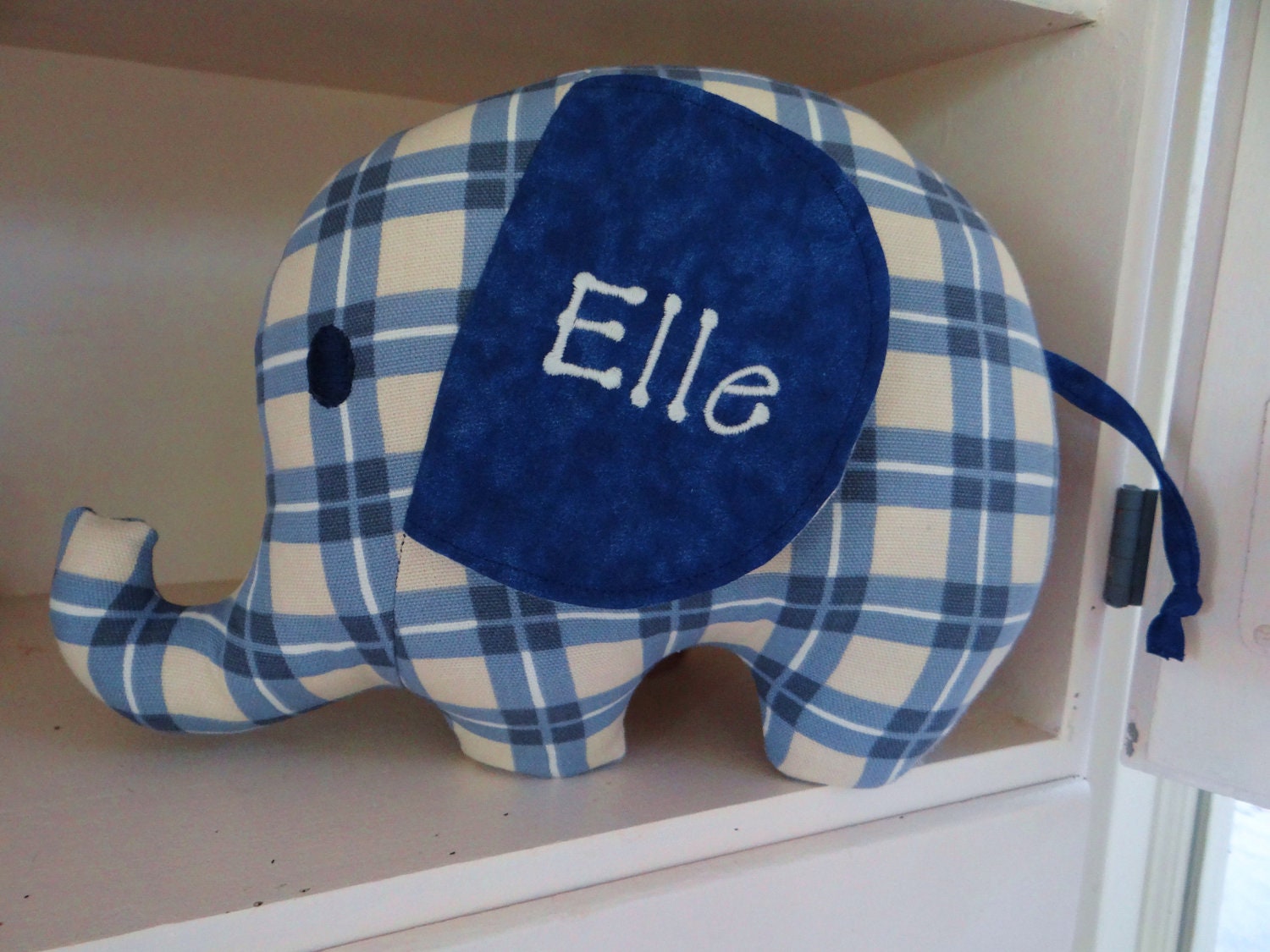 Personalized Elephant softie- blue and white plaid