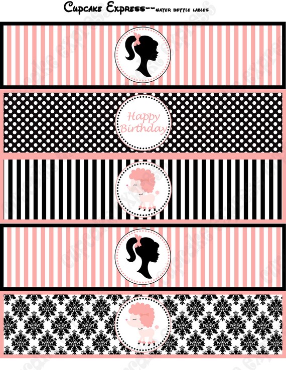 DIY Barbie in Paris Printable Birthday Party Water Bottle Labels wraps pink black stripes polka dots damask Il_570xn