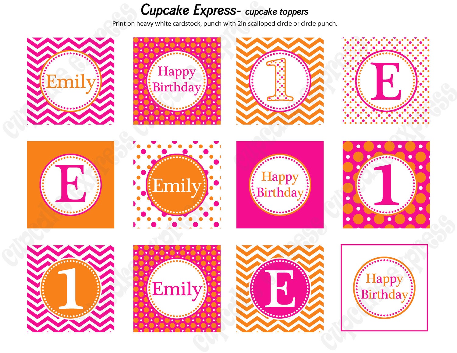 DIY Orange and Hot pInk Sherbet Birthday Party PRINTABLE Cupcake Toppers favor tags Chevron polka dots Il_570xn