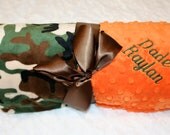 Monogrammed Minky Baby Blanket - Green & Brown  Camo with Orange- Personalized