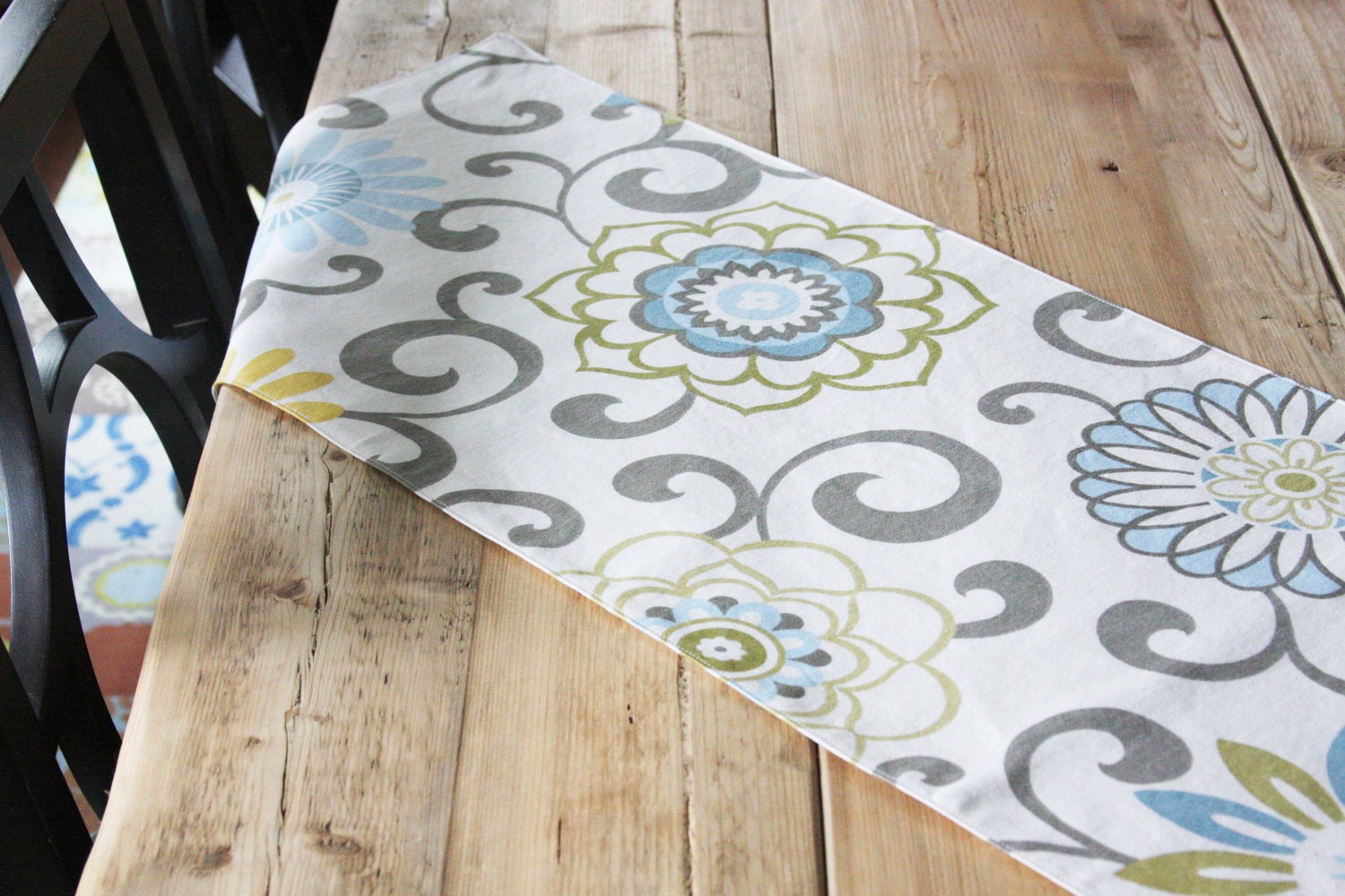 Fabric Table Runner - Light Blue and Yellow Pom Poms - FREE US SHIPPING