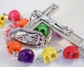 Dia De Los Muertos Day of the Dead Skull Car Auto Decade Rosary, Colorful Howlite Skulls, OLO Guadalupe