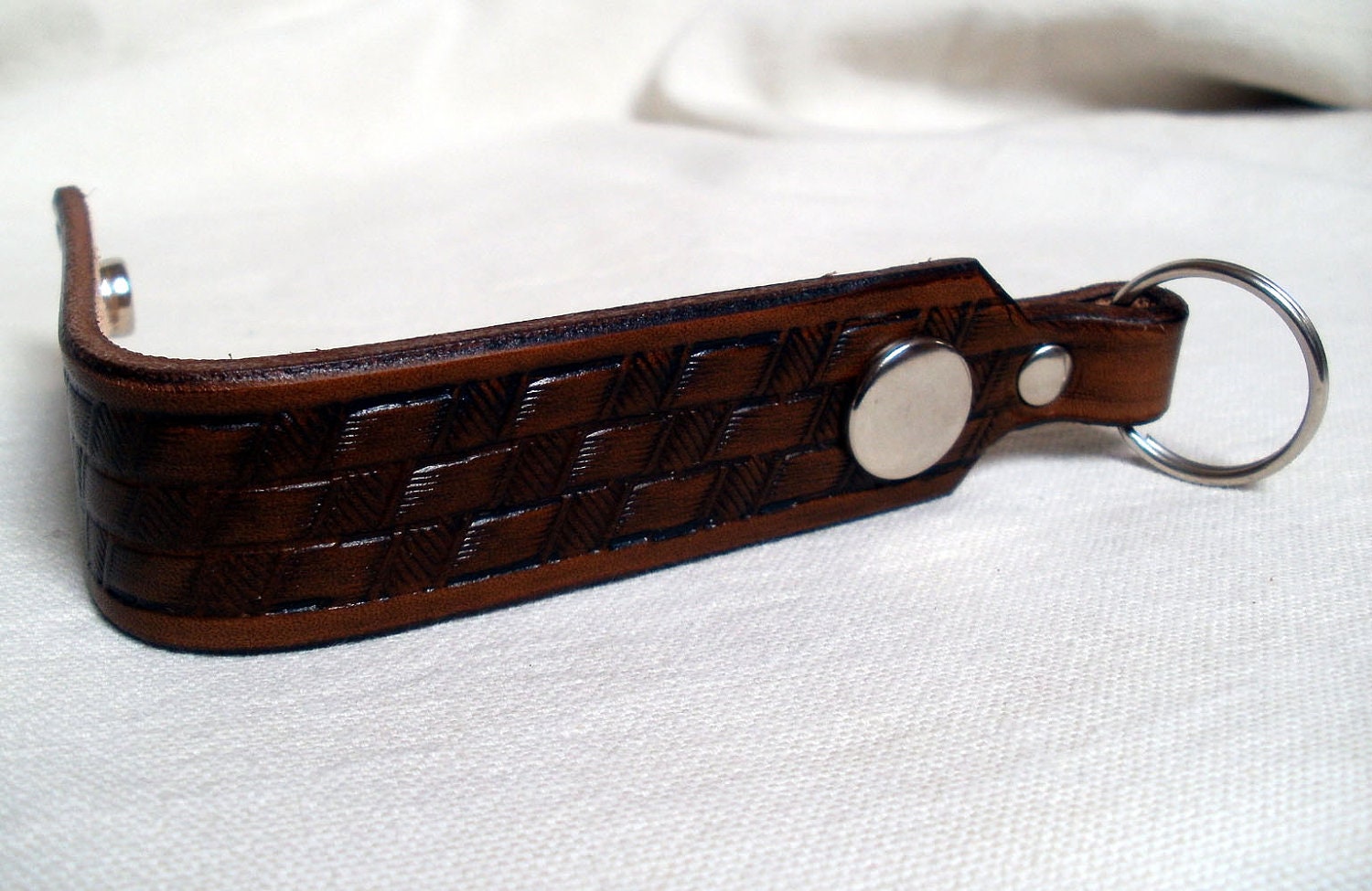 Leather keychain, leather key fob, belt loop with snap, detachable, tan, brown, handmade, basket weave