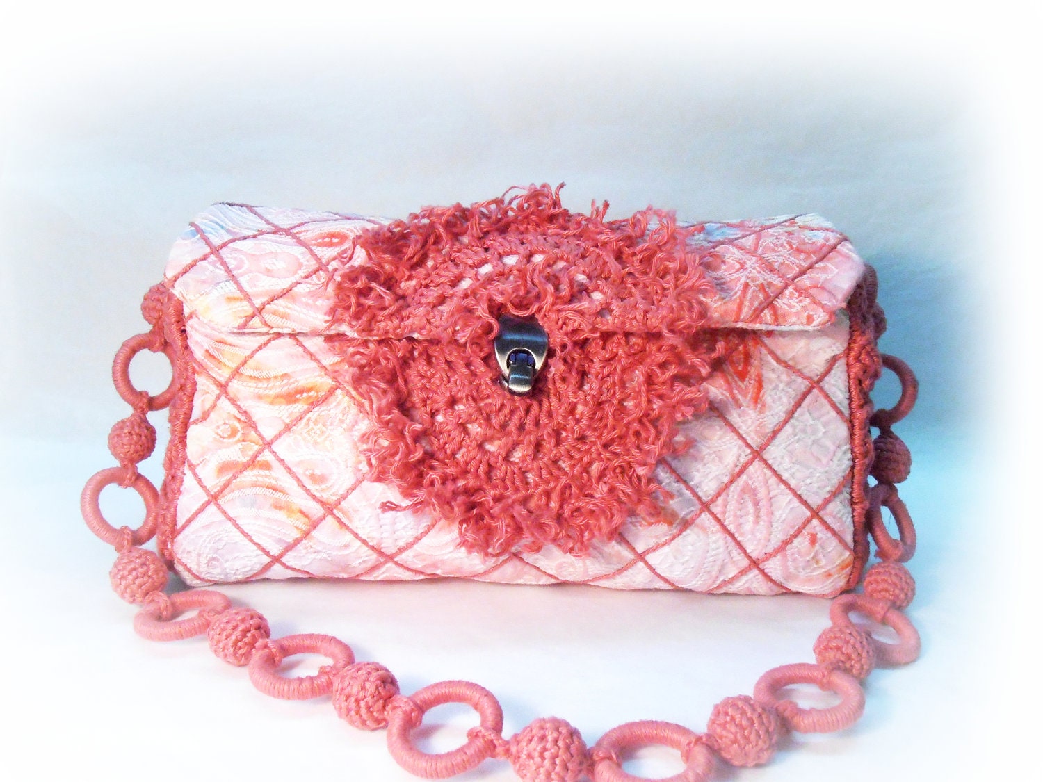 Summer Small Pink Purse With Printed, Stitching and Crocheted Parts