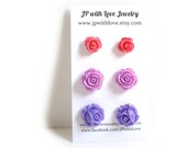 bridesmaid gift, Flower Stud earrings, purple, lilac, pink,  flower earrings, rose stud earrings, resin jewelry set of 3, flower jewelry