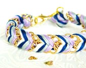 Lavender Lace - Pearl, Denim, Silver, & Lavender - Chevron Braided Modern Friendship Bracelet - Gold Chain