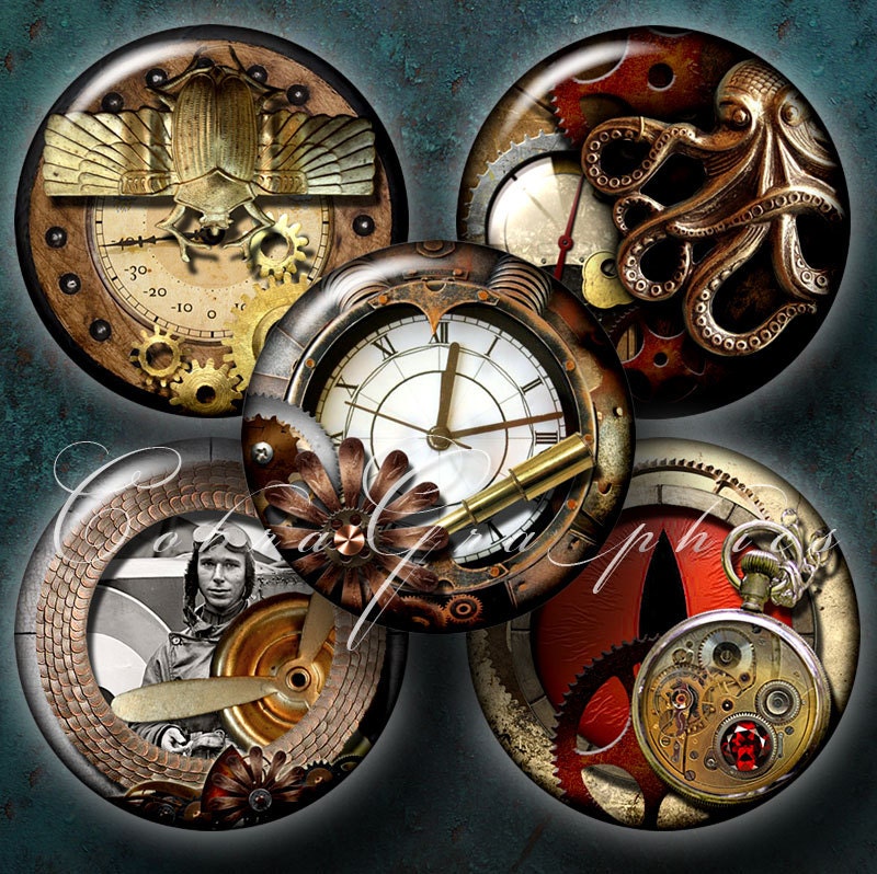 Steampunk Designs I - Digital Collage Sheet CG-476B - 1.313 inch Circles- for 1 inch Buttons, Magnets - Instant Download