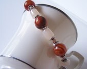 red agate handmade bracelet, natural stone, red agate, white/cream agate, black onyx accent, pewter spacer beads, one of a kind, handcrafted