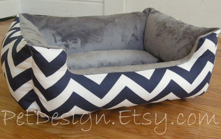 One-Piece 19" X 15"  - Bolster Dog Bed - Cat Bed - Navy Blue & White Chevron with Gray Minky Fleece