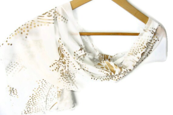 fashion women scarf, chiffon scarf, women scarves, gift ideas, for her, gold gilt, handmade gift scarf, white scarves