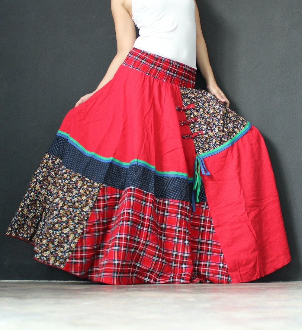 Circle Maxi Skirt Cotton Hippie Red Women Long Skirt / Wide Flowing Full Patch Work Costume Skirt
