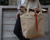 U N I S E X collection Canvas carry all tote, leather handles and strap, khaki