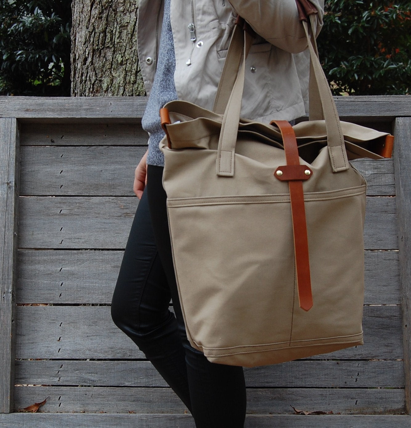U N I S E X collection Canvas carry all tote, leather handles and strap, khaki
