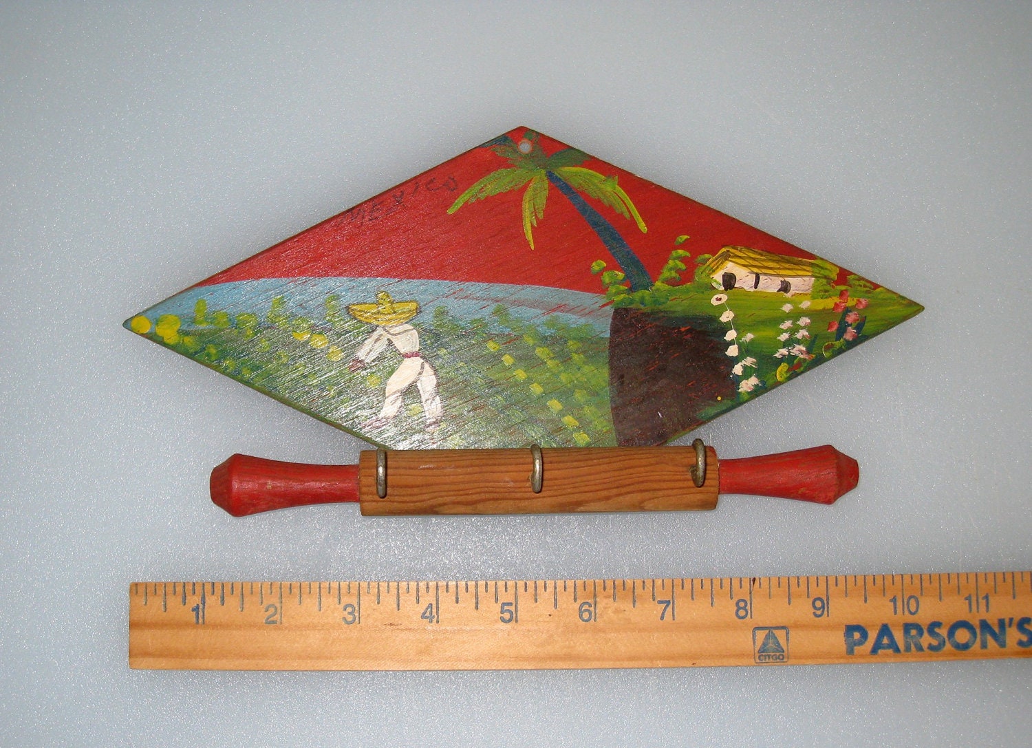 Vtg. Mexican Folk Art Potholder Hanger / Key Holder / Rolling Pin / Hand Painted Wood / Kitchen / Cantina Decor