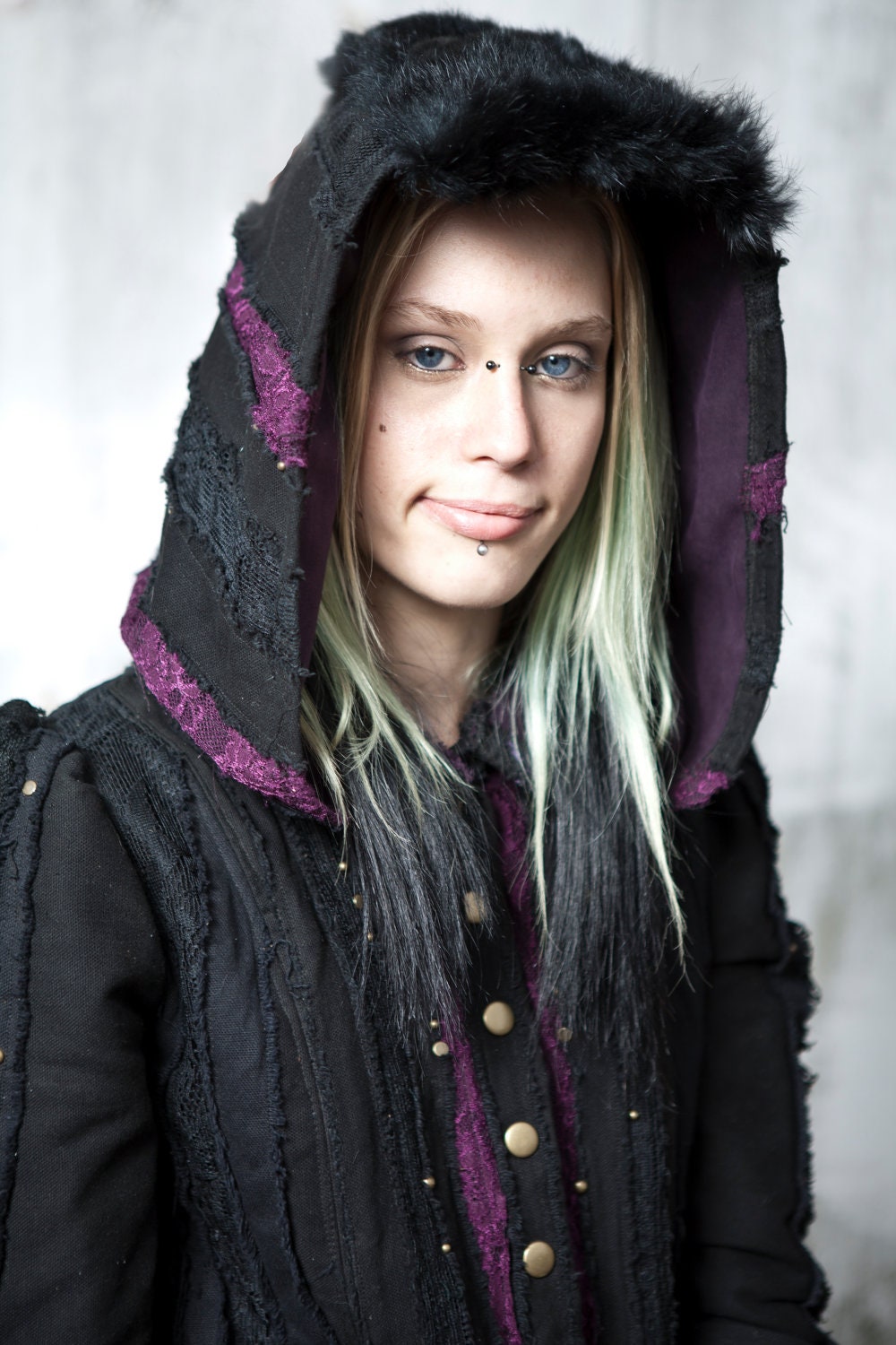 Deep Violet Purple Black Lace, Cotton Canvas, Large Skeleton Key, Patchwork Jacket with Skull and Cross Bone Pirate Cuffs, Corset, Hood