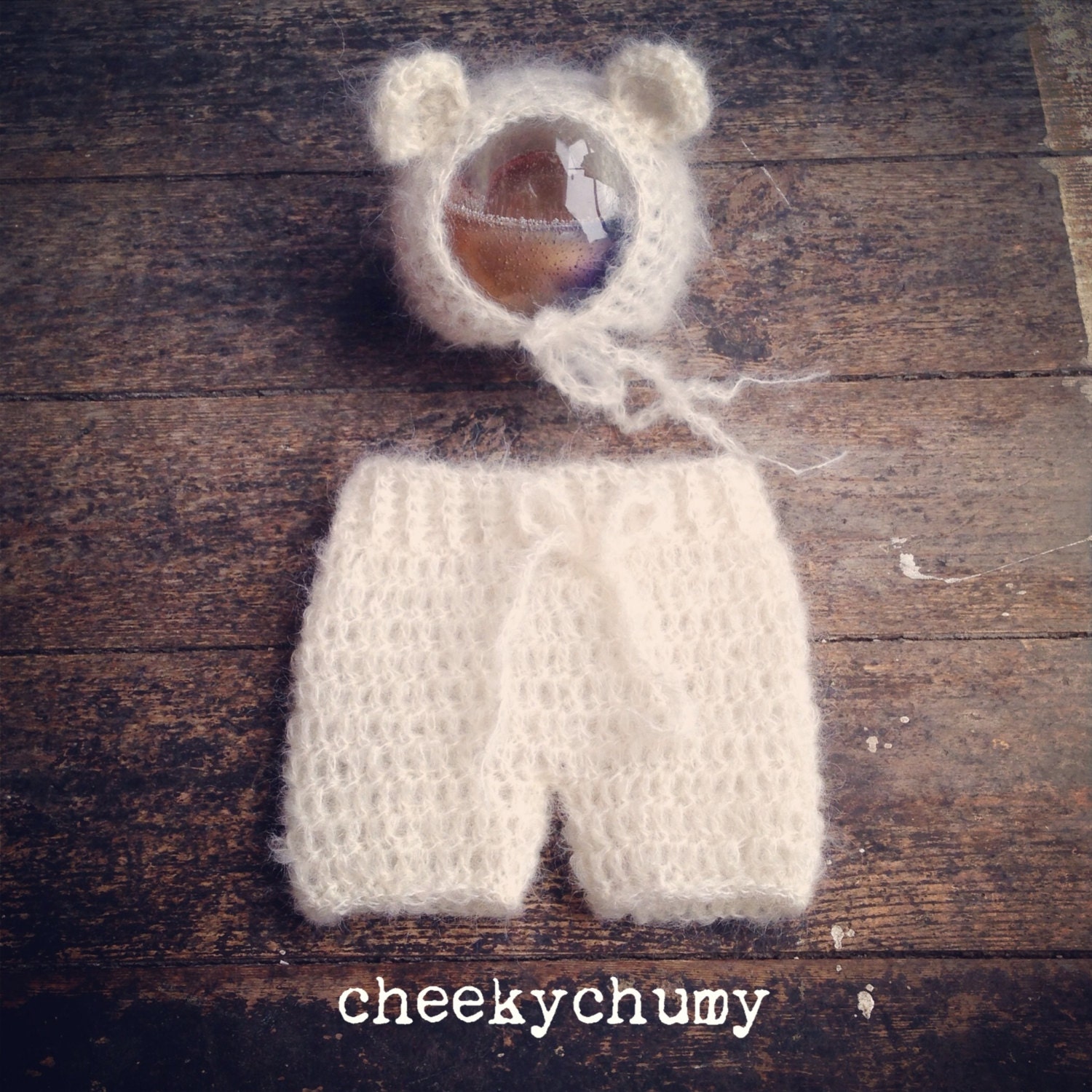 Fluffy cream mohair teddy bear set. Newborn shorties / pants and matching bear bonnet. Great photo prop. UK seller