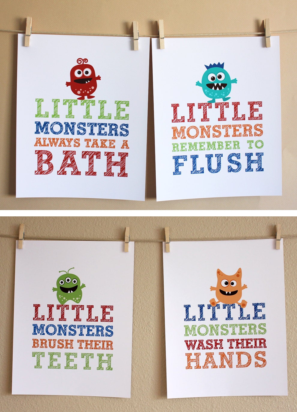 Bathroom Wall Decor, Little Monsters, One 8x10 Art Print, Unframed