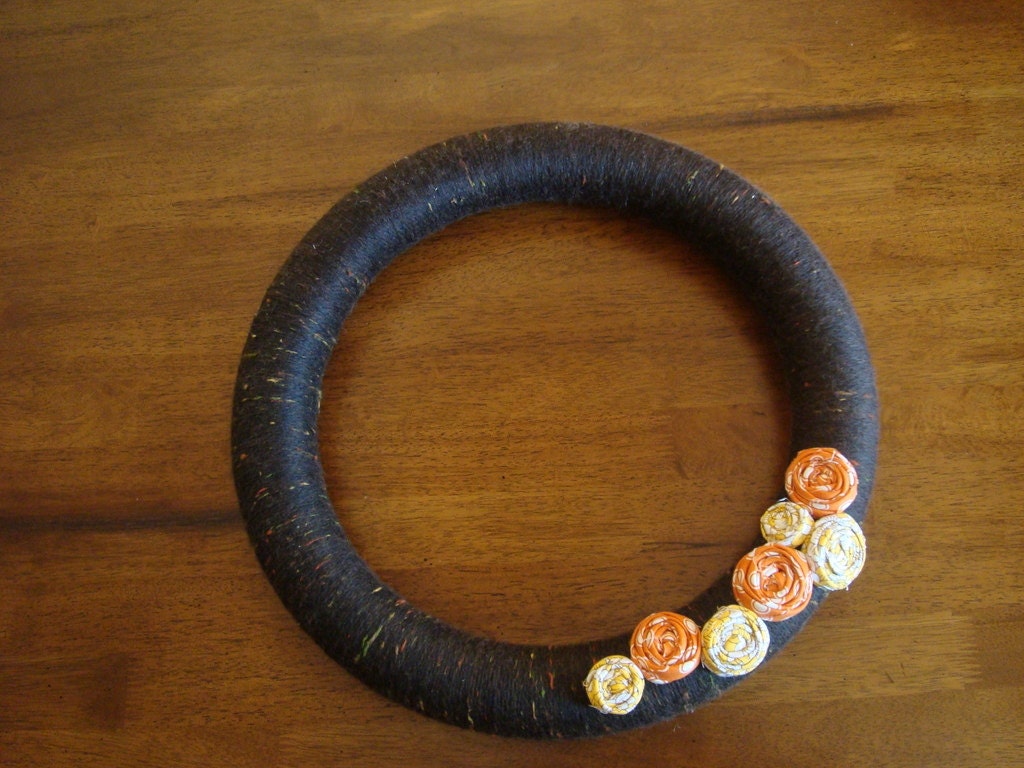 16" Fall Yarn Wreath with Rolled Fabric Flowers in Brown, Orange, and Mustard Yellow
