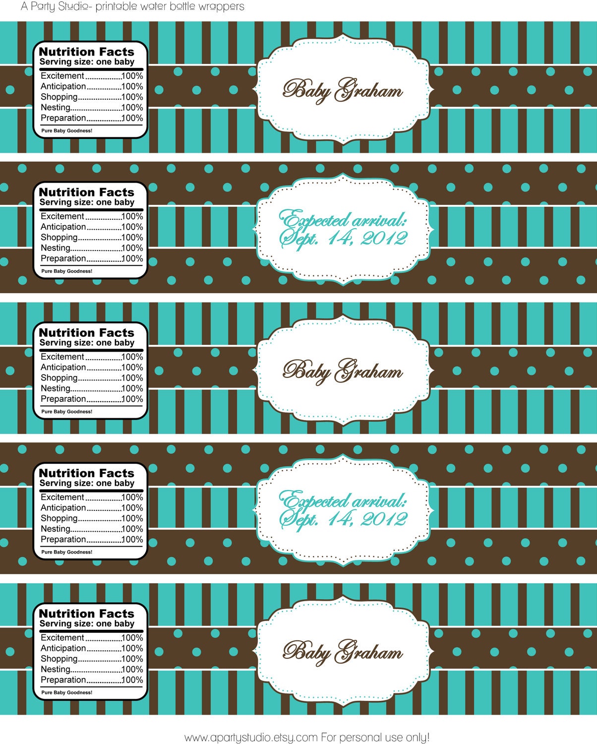 Turquoise and Brown- Water Bottle Wrappers for Baby Shower- Print Your Own Il_570xn