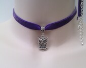 Tibetan Silver OWL Charm PURPLE 10mm Velvet Ribbon Choker Necklace - lz... or choose another colour, wide choice :)