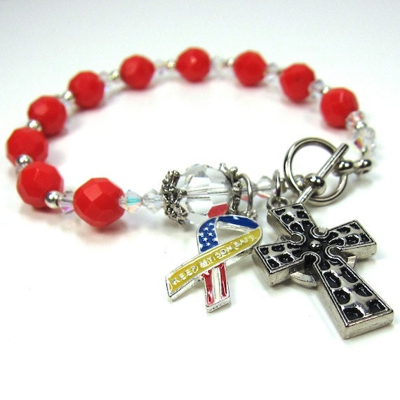 Red Rosary Bracelet Keep My Son Safe Flag Ribbon Cross Catholic Vintage Swarovski Crystal Bead