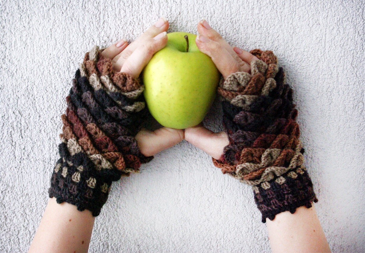 Crocheted crocodile stitch mittens fingerless gloves - beige, brown. Spring Accessories.
