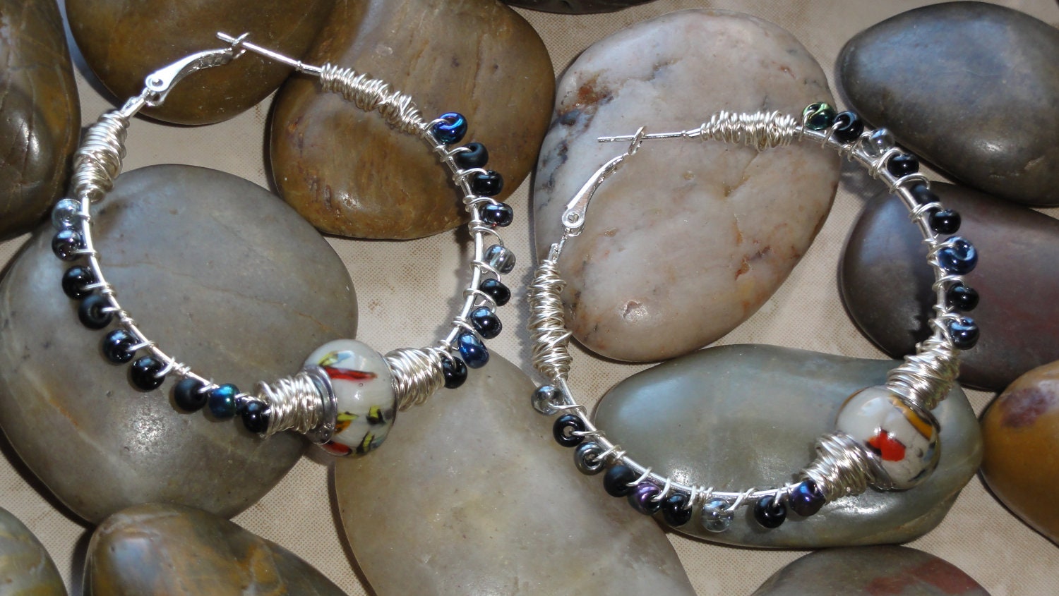 Earrings - Red Orange Yellow Blue Murano Glass Black Bead Wire Wrap Silver Hoop Earrings - Free Shipping