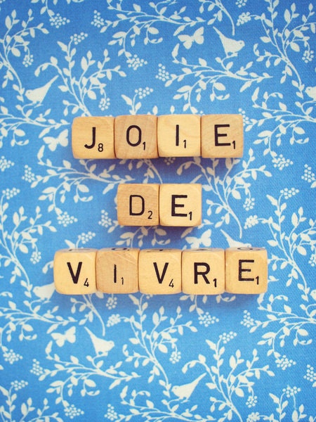 Joie De Vivre. Fine Art Photography. Scrabble Blocks. Wall Art. Blue. Little Birds. French Words. Size 5x7"