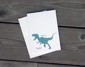 Dinosaur Greeting Card Rawrrr Means I Love You in Dinosaur- Teal Hexagon Shape Pattern T-Rex with Red Heart Valentines Day