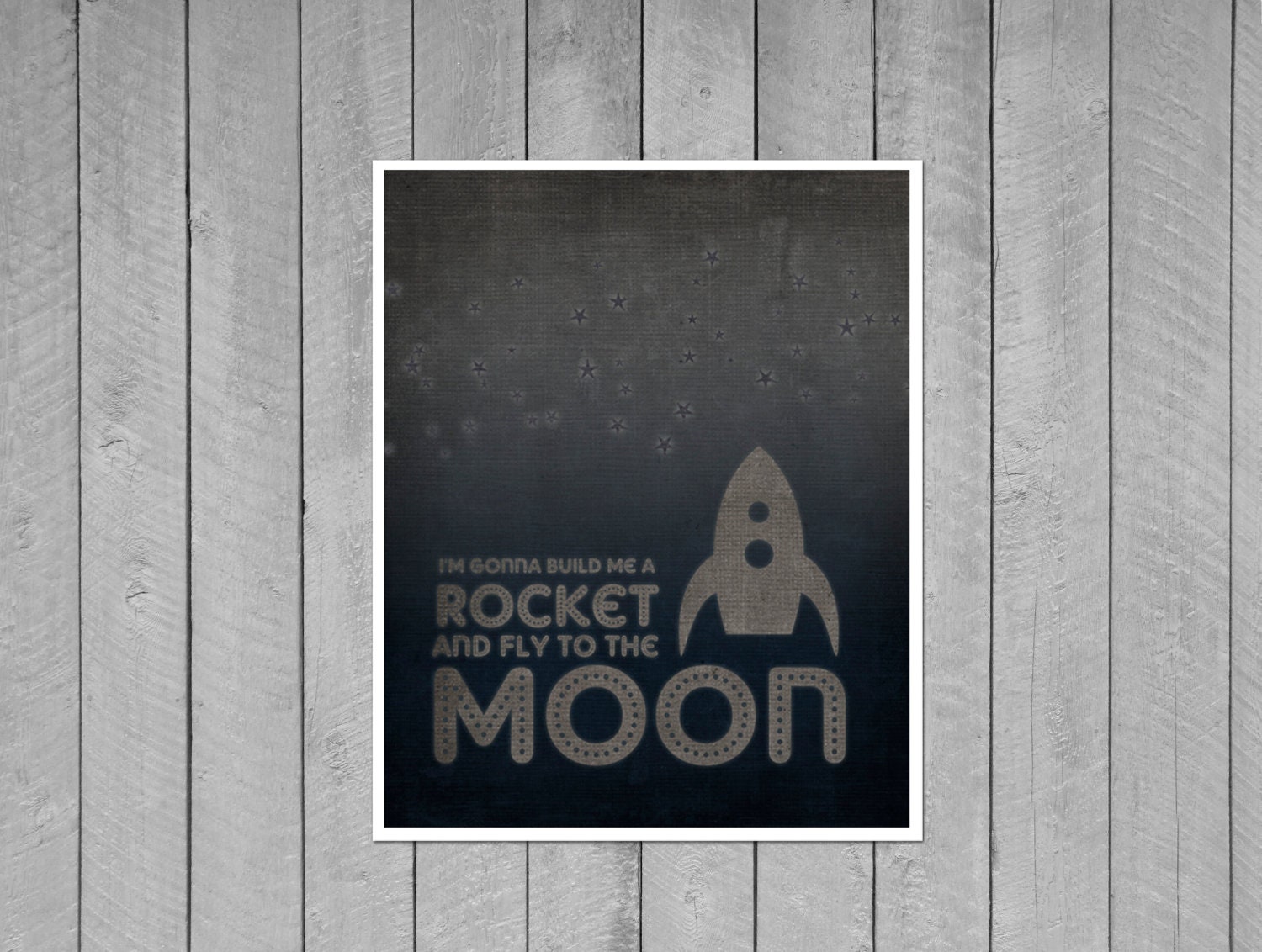 Build me a Rocket and Fly to the Moon Retro Space Rocket Digital Art Print Stars - Navy Blue Gray