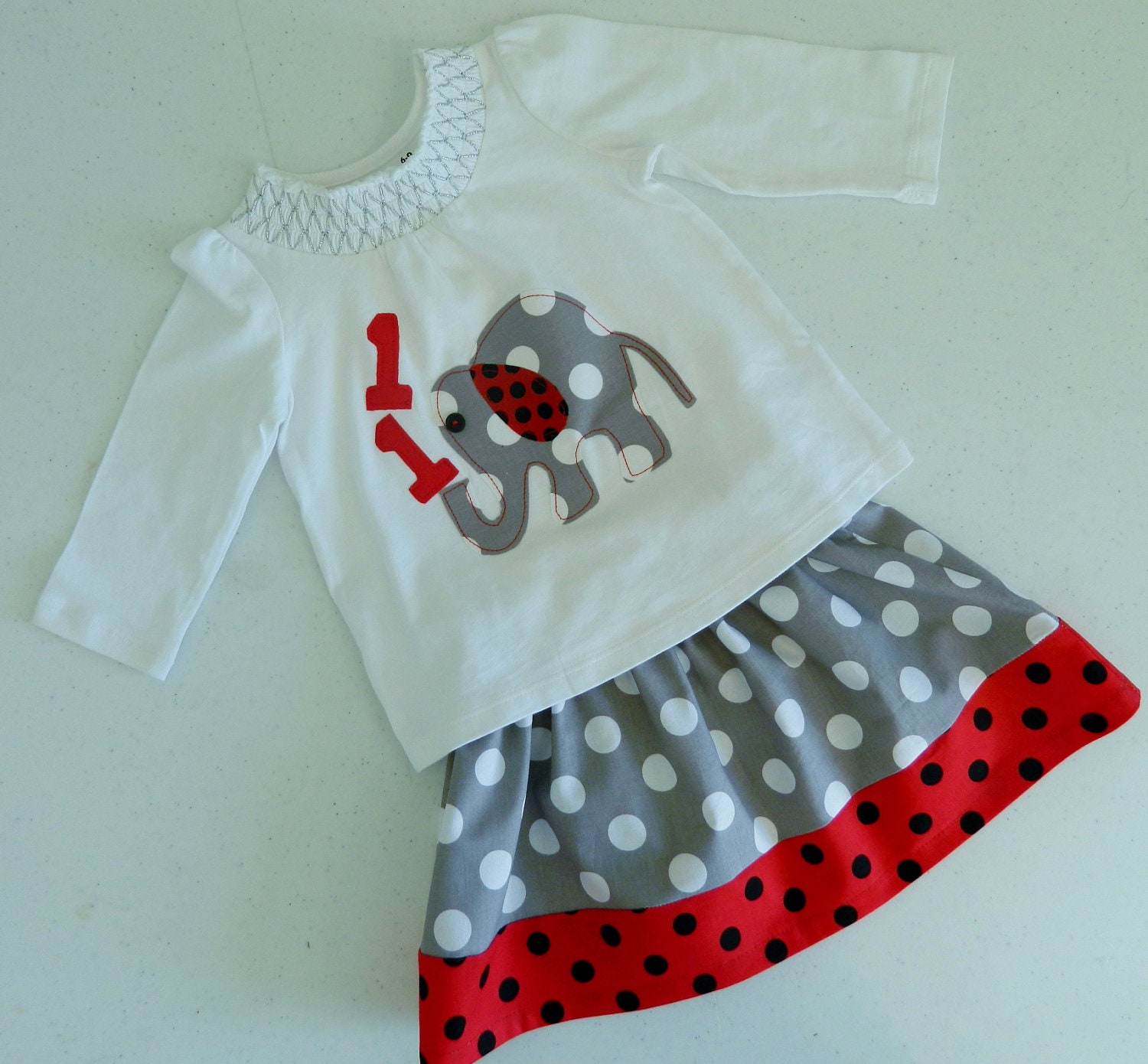 2 piece outfit - girl, toddler, personalized spouting birthday number SHIRT elephant applique, gray, red and black polka dot SKIRT NB - 16