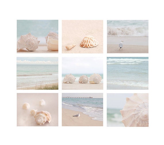 Beach Photo Set, over 40% off, ocean, shell, seagull, beach house decor, coastal living, pastel, soft, sea green, peach, pink, shore