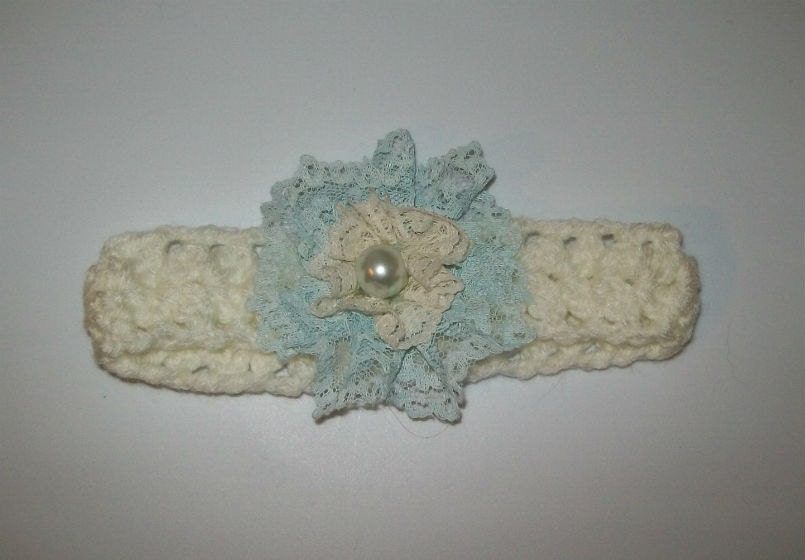 SALE - White headband with handmade lace flower - 15 - 17 inches