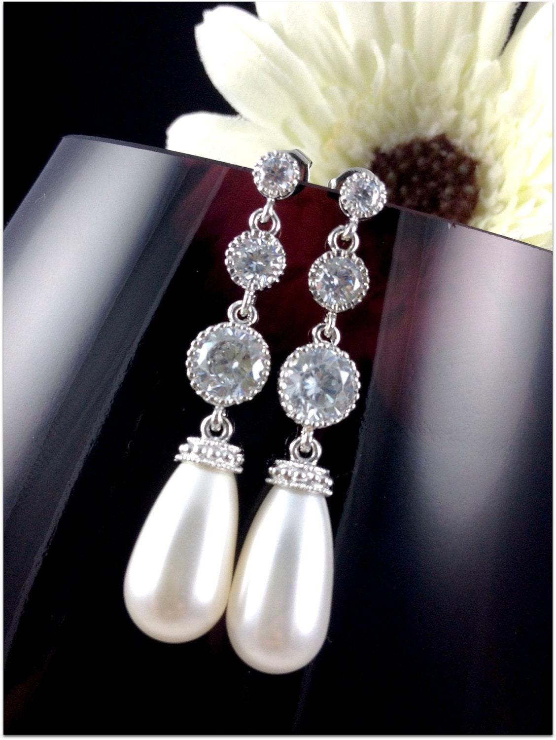 Bridal Pearl Earrings Teardrop Dangle Earrings Cubic Zirconia Sterling Silver Post Bridesmaid Gift Wedding Jewelry Swarovski Pearl Jewelry