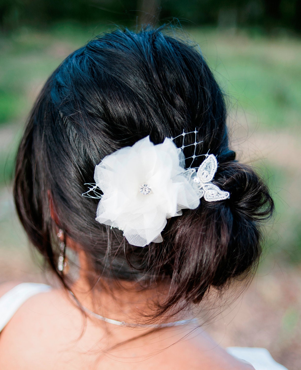 Bridal hair clip flower in silk organza with netting - EDINE