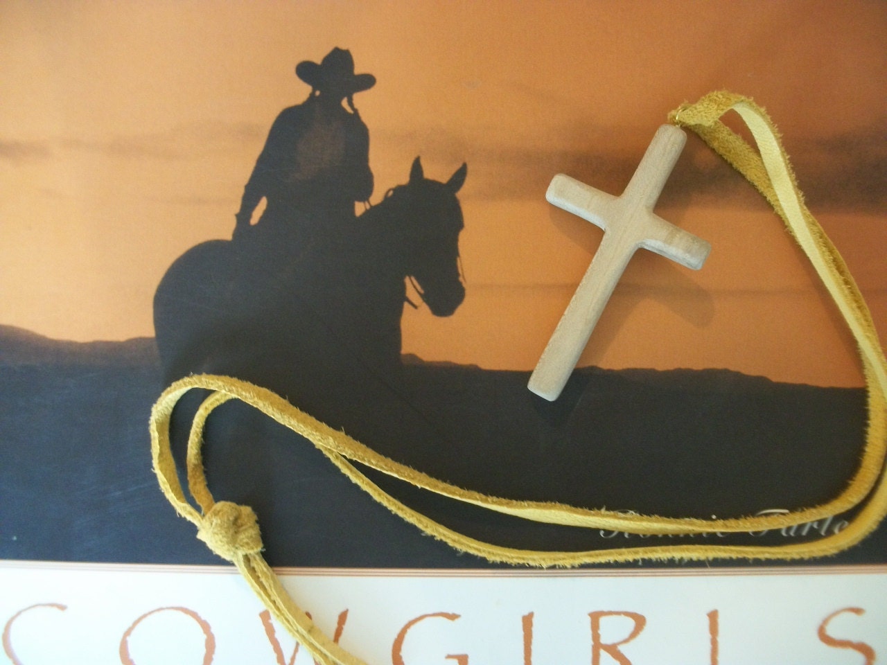 Wood Cross Necklace Hand Carved - Elk Skin Thong - All Natural - Box & Bow - 3" x 1 3/4" x 8mm - 36" Long