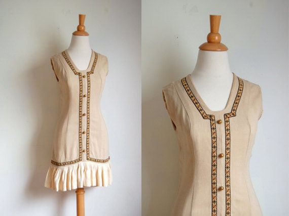 1960s Dress  // 60s Tan Linen Mini Dress // Mid Century Flapper