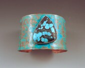 Turquoise Freeform Shape- Hammered Copper Verdigris Patina Statement Cuff